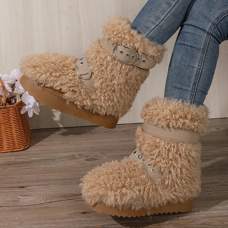 Free Shipping Women Fluffy Ankle Snow Boots Camel Double Buckle Thick Fleece Platform Warm Winter Boots, Customer Favorite