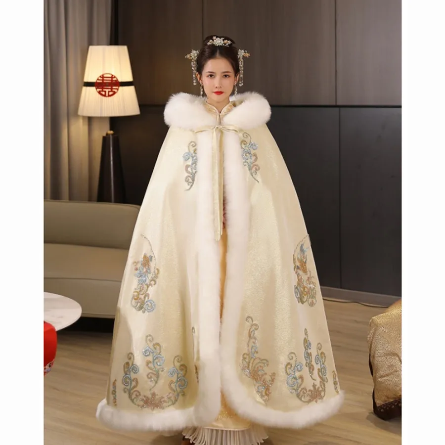 Mingli Tengda Winter Long Cape Warm Jacket With Plush and Thick Fur Whawl Hanfu Bride's Fur Collar Embroidered Shiny Hooded Cape