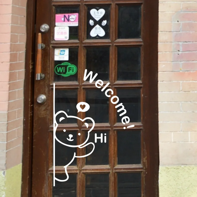 Wall door Stickers Welcome Bear Home Decor  Self-adhesive Hi Bear Stickers For Shop Door Window Decorative #72