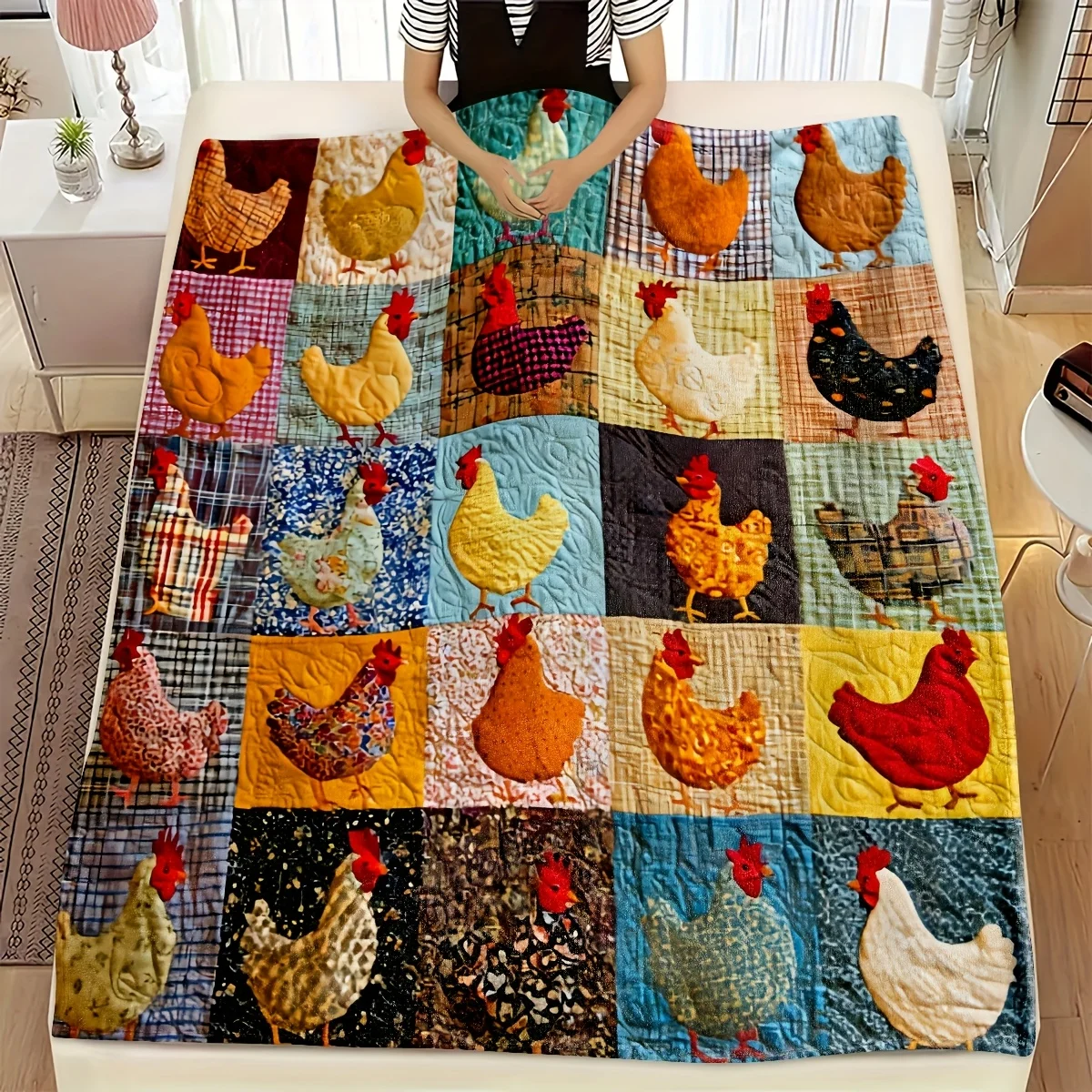 VIKAMA Rural Style Hen Patchwork Blanket With Fun Words Soft And Skin Friendly Without Shedding Hair Rural Style Decoration