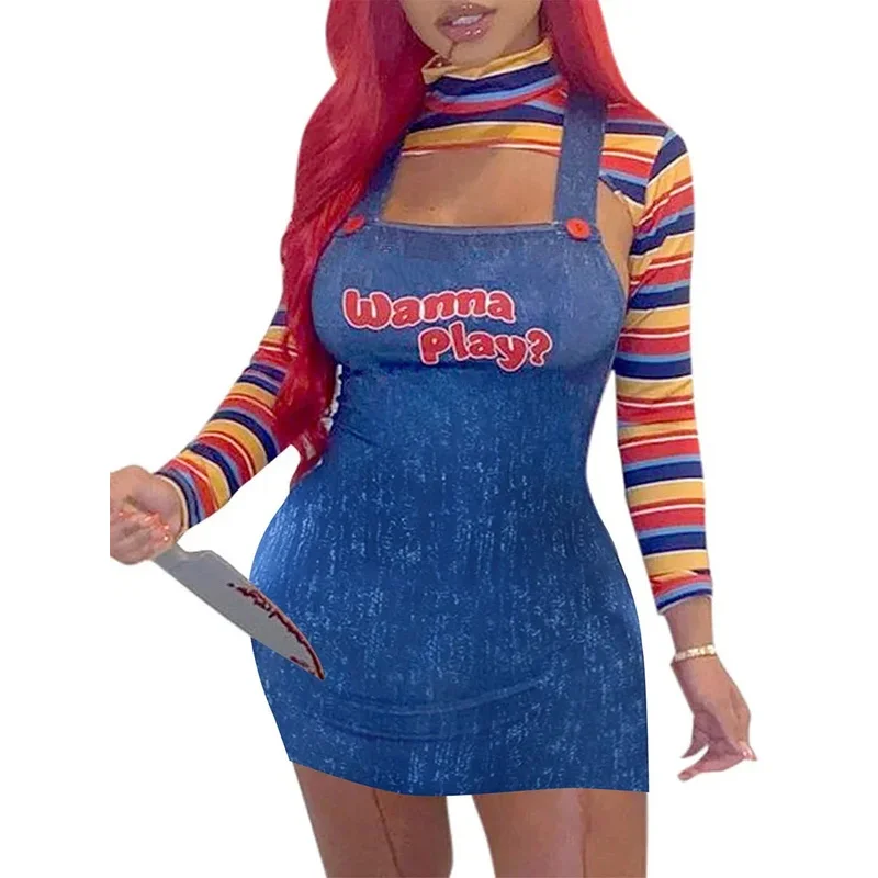 MN1 Women Scary Nightmare Killer Doll Wanna Play Movie Character Bodysuit Chucky Doll Costume Cosplay Jumpsuit9*Jy