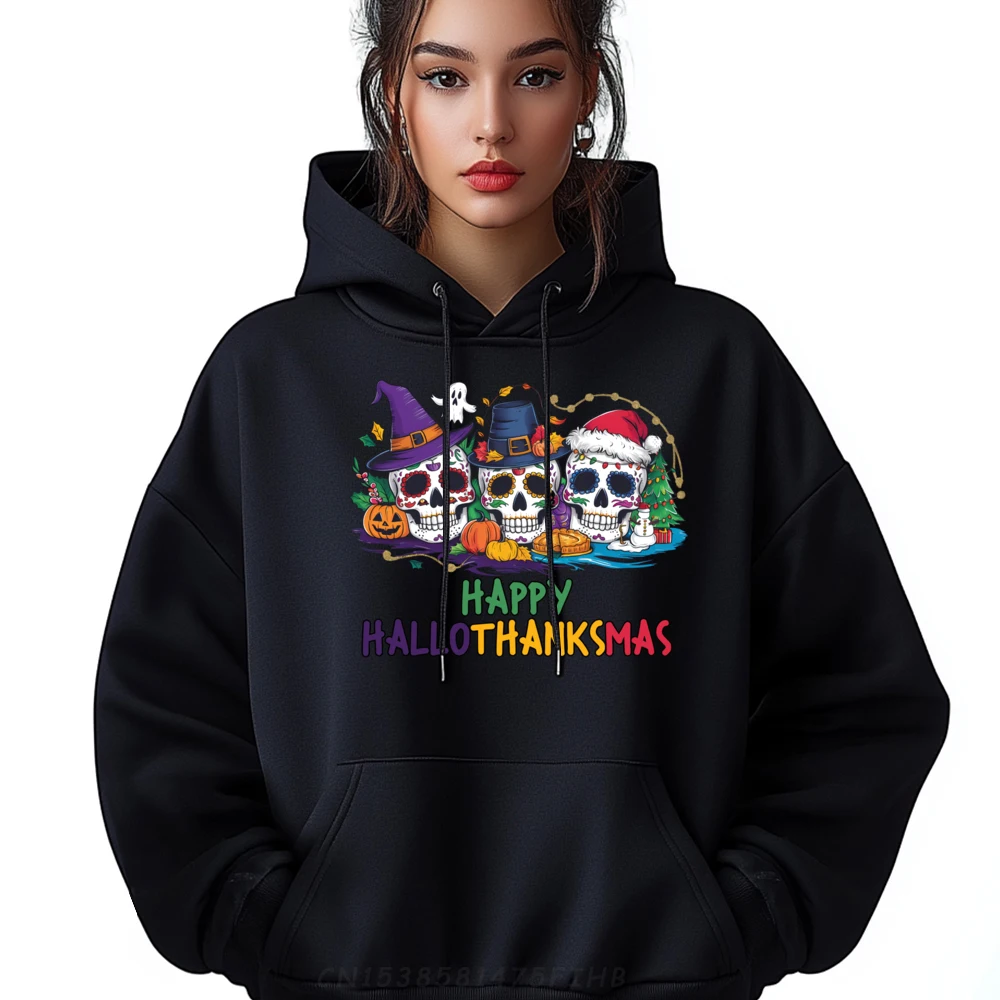 

Happy Hallothanksmas Skull Christmas Halloween Thanksgiving Men Clothes Christmas Hoodies Father's Day