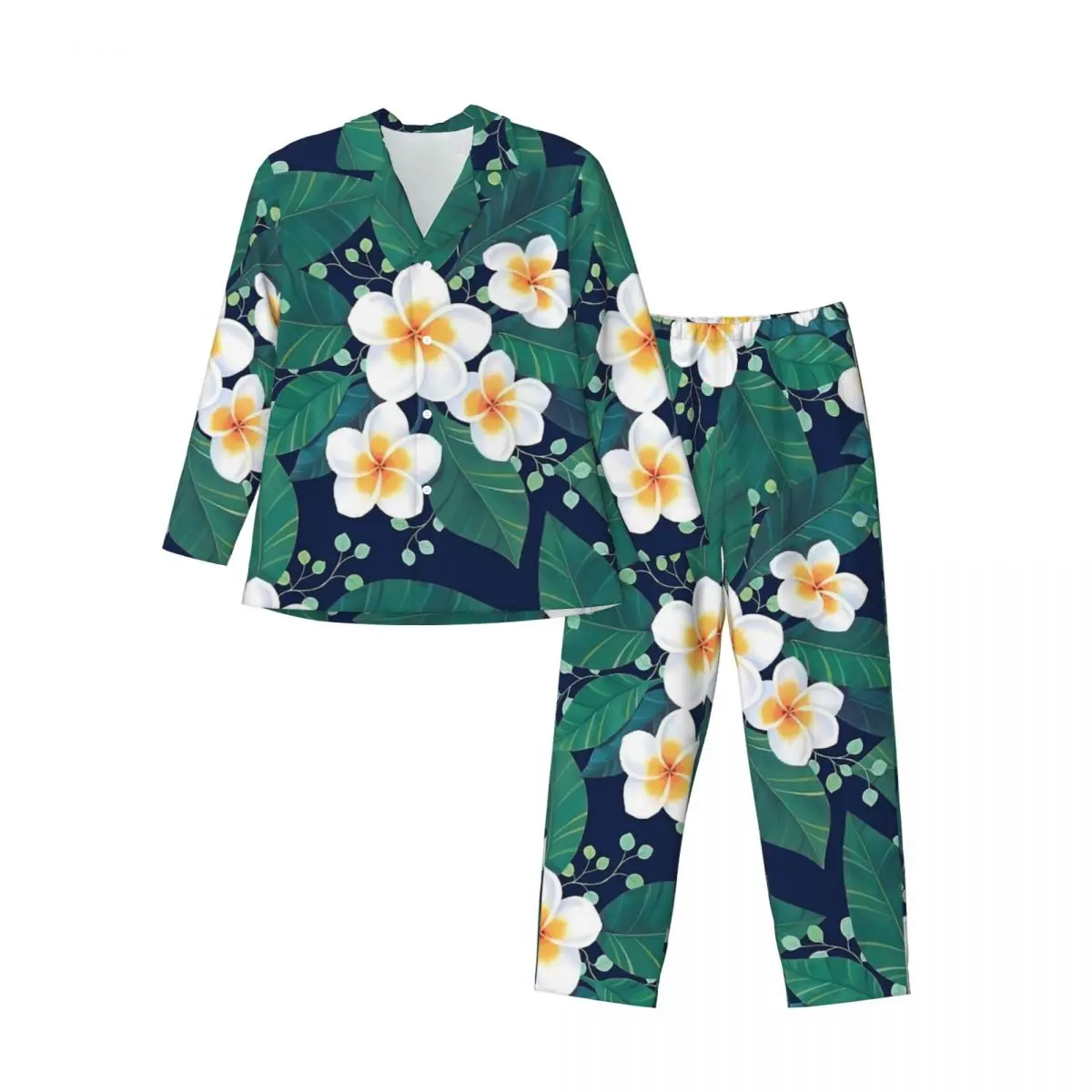 Flor tropical pijamas outono branco floral impressão casual conjuntos de pijama de grandes dimensões dos homens mangas compridas adorável lazer casa terno