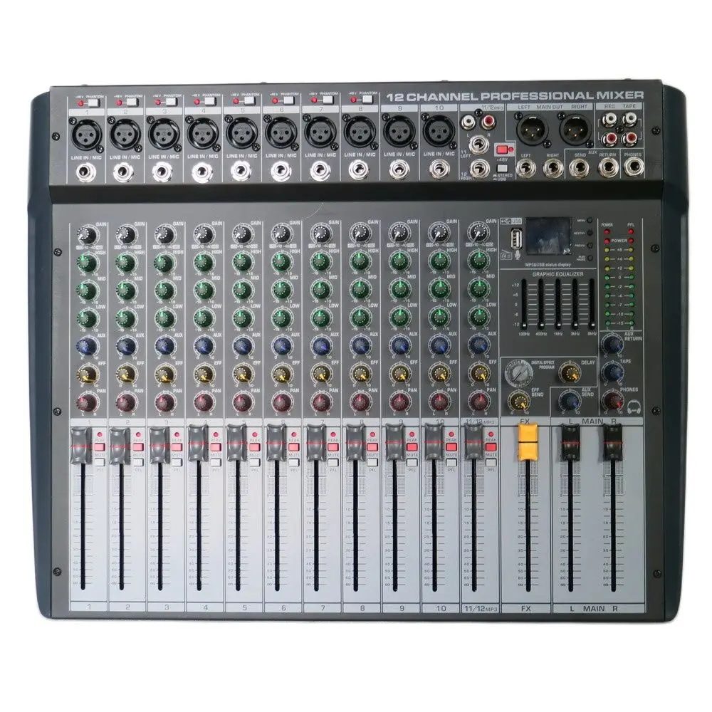 

Professional 12-Input Audio Mixer with 2400W Dual Output Power Amplifier 12 Channel Sound Mixing Console DSP 48V USB Digital AMP