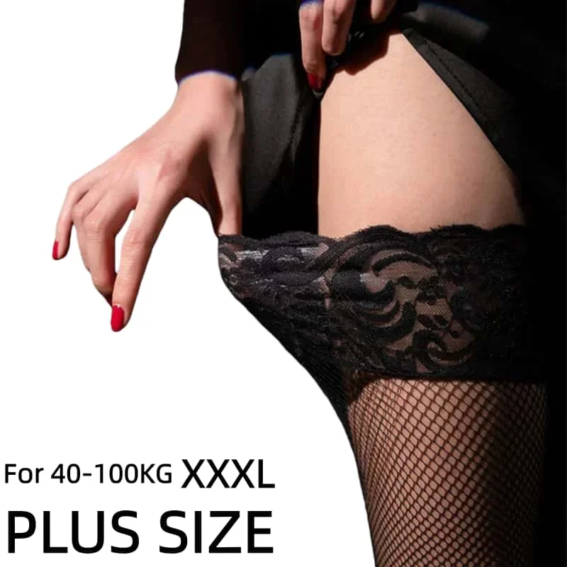 เซ็กซี่ Fishnets ถุงน่อง PLUS ขนาดผู้หญิงซิลิโคนกันลื่นลูกไม้ Stay UP ถุงน่องหญิงถุงเท้ายาวผู้หญิงต้นขาสูง xxxxxl