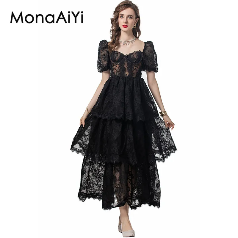 

MonaAiYi Summer Women's Dress Square-Neck Puff Sleeve Lace Splicing Tiered Ruffles Solid color Mixi Dresses