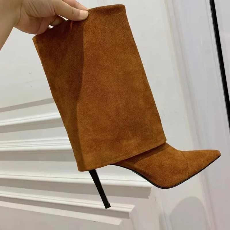 2022 European and American Fashion New Style Slim Heel Mid Rise Boots Pointed Solid High Heel Fashion Shoes Trouser Boots