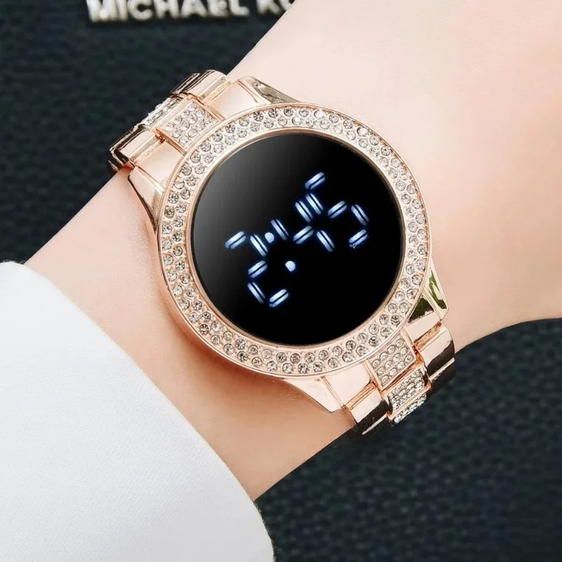 2024 Digital Watches with Large Screen for Women Luxury Rose Gold Stainless Steel Diamond-set Dial Magnet Dress LED Quartz Watch image 2