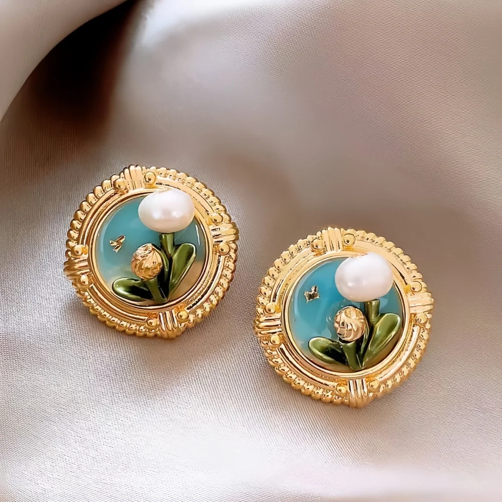 French Vintage Base Glaze Flower Round Stud Earrings Monet Garden Imitation Pearl Women Earrings Fashion Jewelry