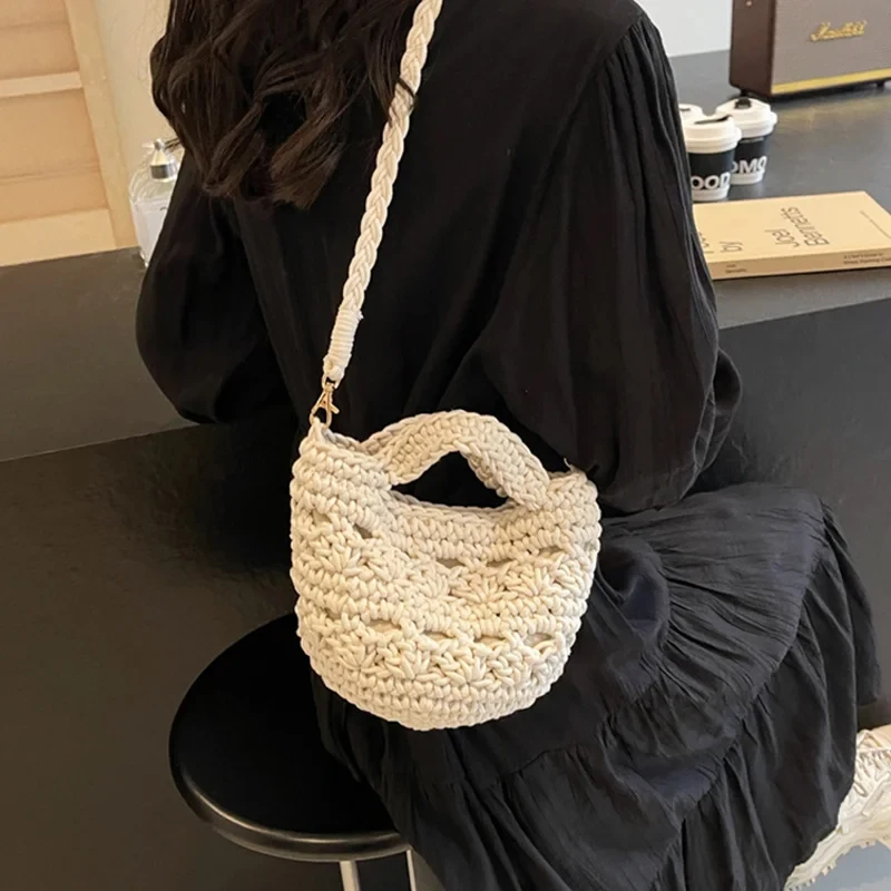 Women\'s Bag Woven Shoulder Crossbody Handbag Braided Cotton Fabric Crochet Soft Casual Lady Fashion Small Rope Bag 2024 New