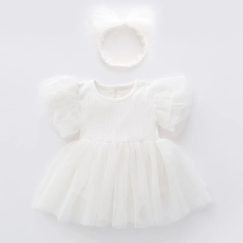 2025 New Summer Toddler Baby Girls Jumpsuit+Hair band Short Sleeved Cotton Lace Splicing Newborn Romper 0-24M Children Clothes