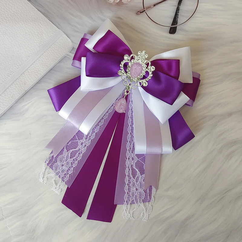 Concert Carat Stick Bow Brooch Handmade Original Purple White Ribbon Lace Jewelry Gifts Vintage Women's Suit Shirt Collar Flower