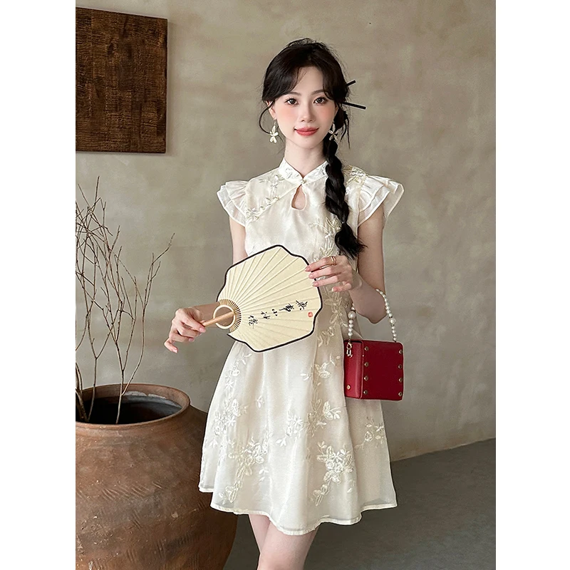 Ele الصينية Sle المطرزة Svel Dr لون نقي العمل الثقيل صيف جديد وصول المرأة Faion Dr #2