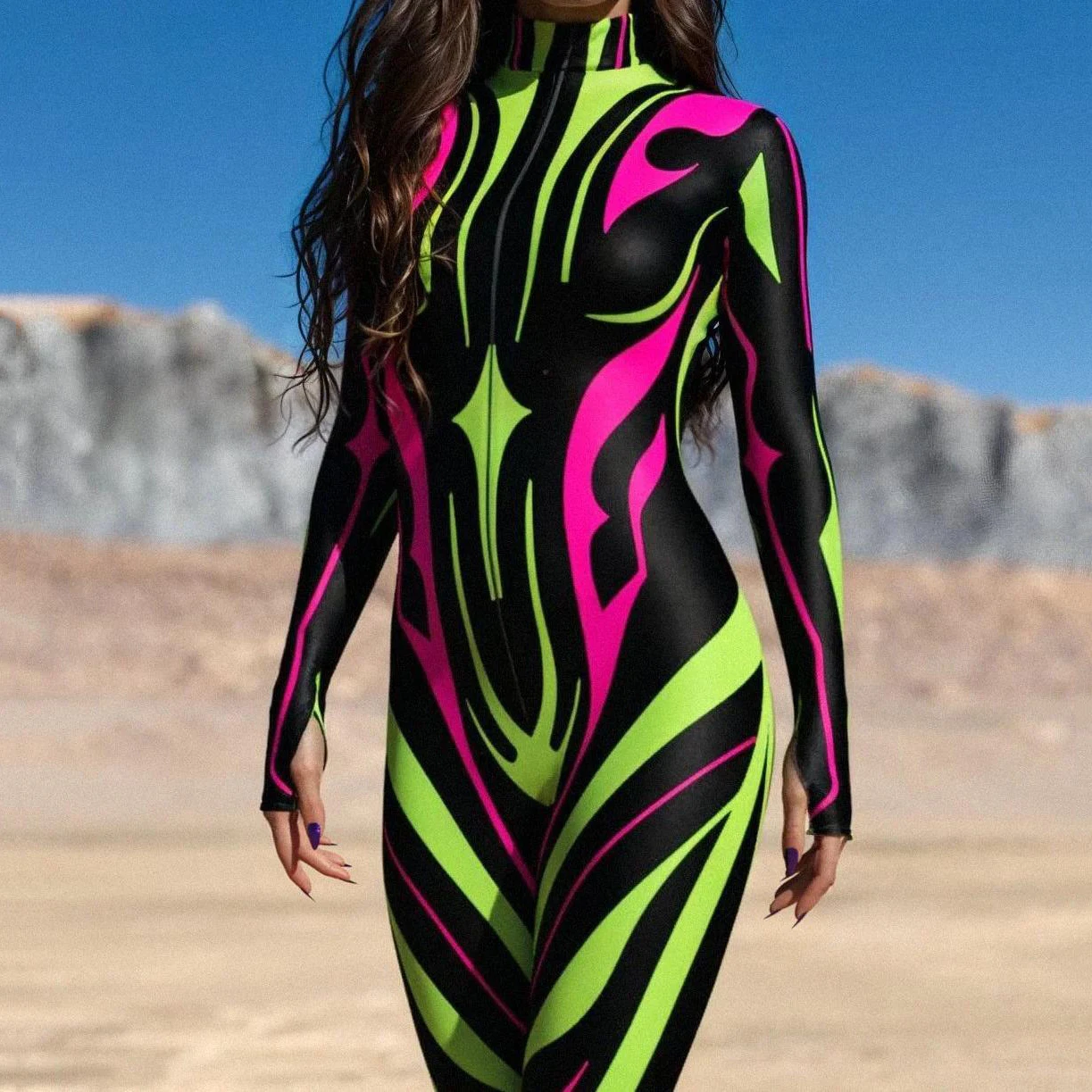 3D Art Digital Print Colorful Hybrid Cyber Jumpsuit Adult Cosplay Punk Bodysuit Halloween Carnival Party Women Cycling Catsuit