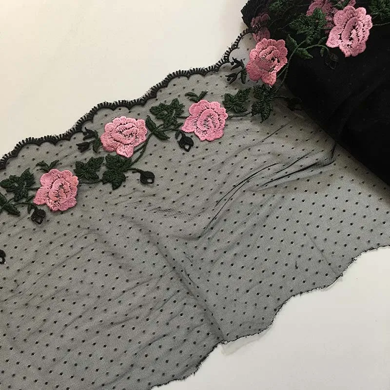 

20Yards Fancy Pink Flower Lace Embroidery Lace Black Mesh Trim Polyester Lace Fabric for Dress Skirts Underwear