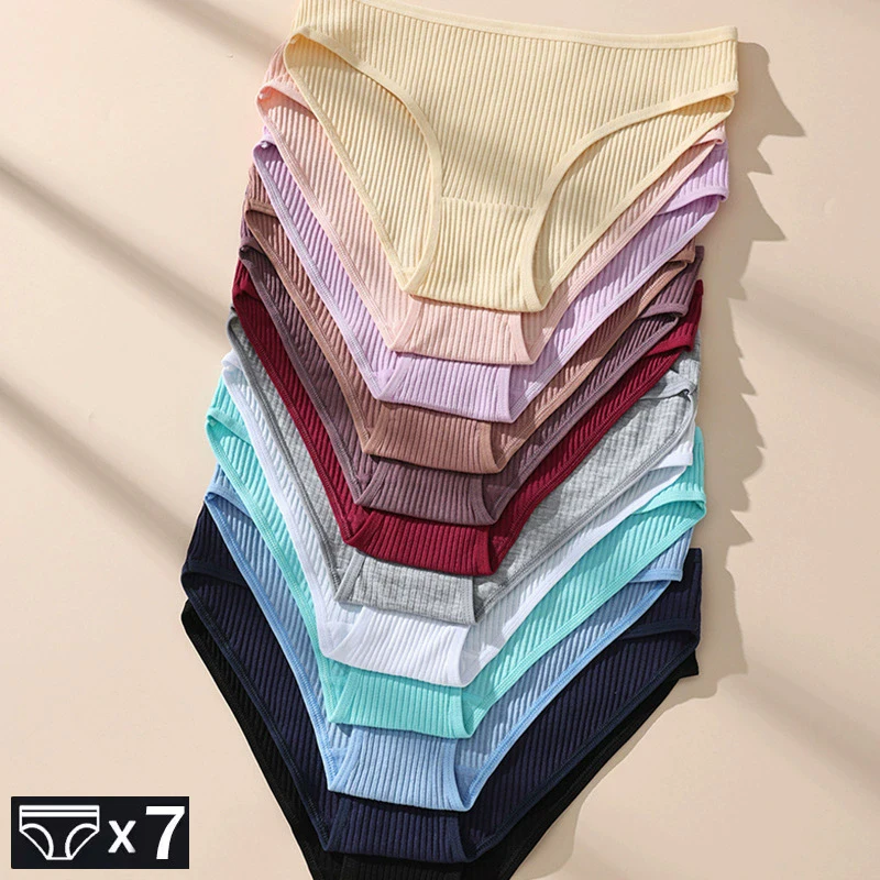 7Pcs Women's Panties Striped Briefs for Women Low-Rise Breathable Cotton Female Soft Underwear Solid Colors Ladies Underpants