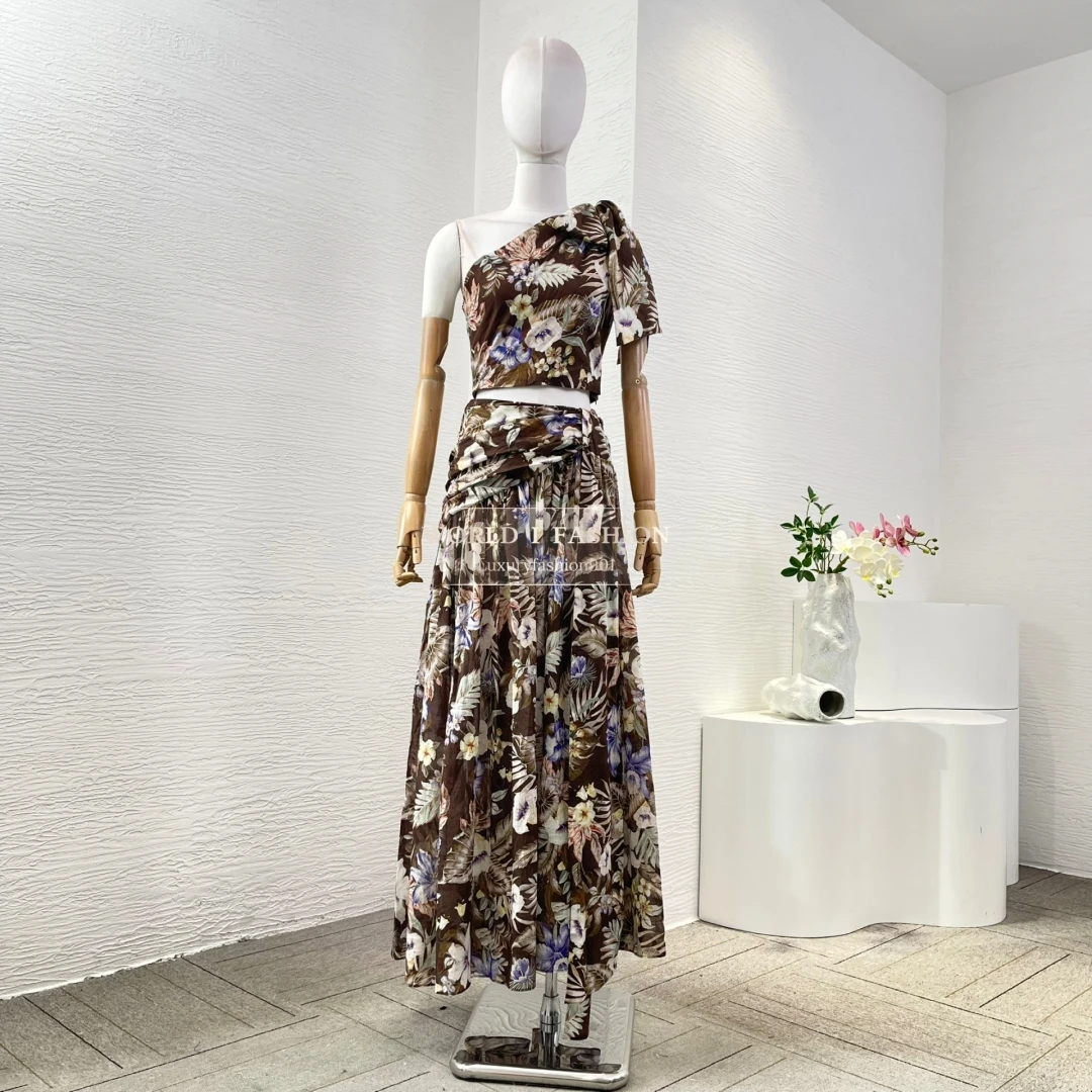 

New Collection 2025 Summer Women's Brown Sloping Shoulders Sleeveless Bow Floral Print Short Blouse and Midi Skirt Set
