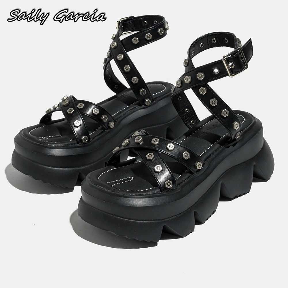 Black Metal Screws Ankle Belt Buckle Strap Sandals 2024 Punk Style Thick Sole Casual Sandals Open Toe Platform All-Match Shoes