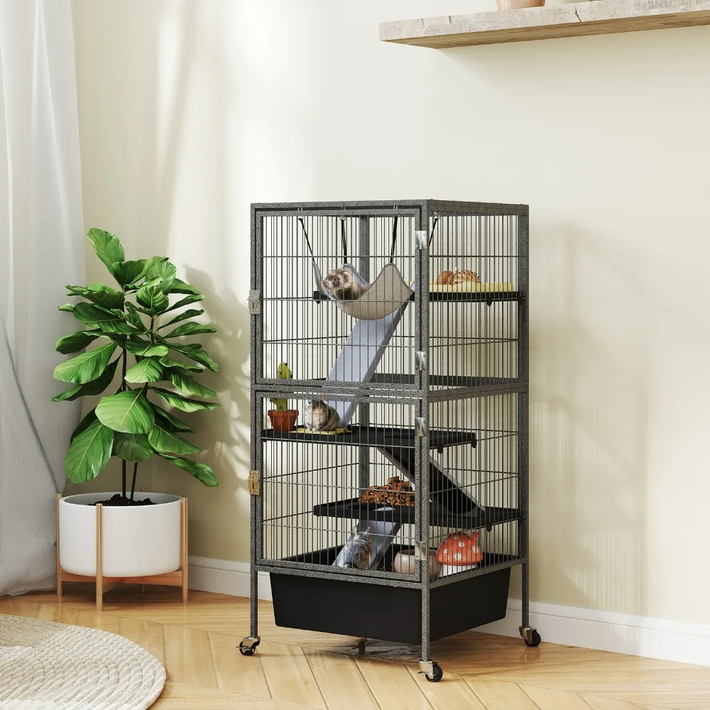 

45" Small Animal Cage, 4-Tier Rolling Ferret Chinchilla Cage, Gray
