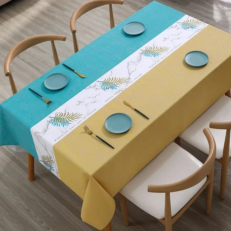 VIKAMA Light Blue Gray Splicing Tablecloth Fresh Leaf Border Waterproof Stain Resistant Rectangular Dining Table Cover