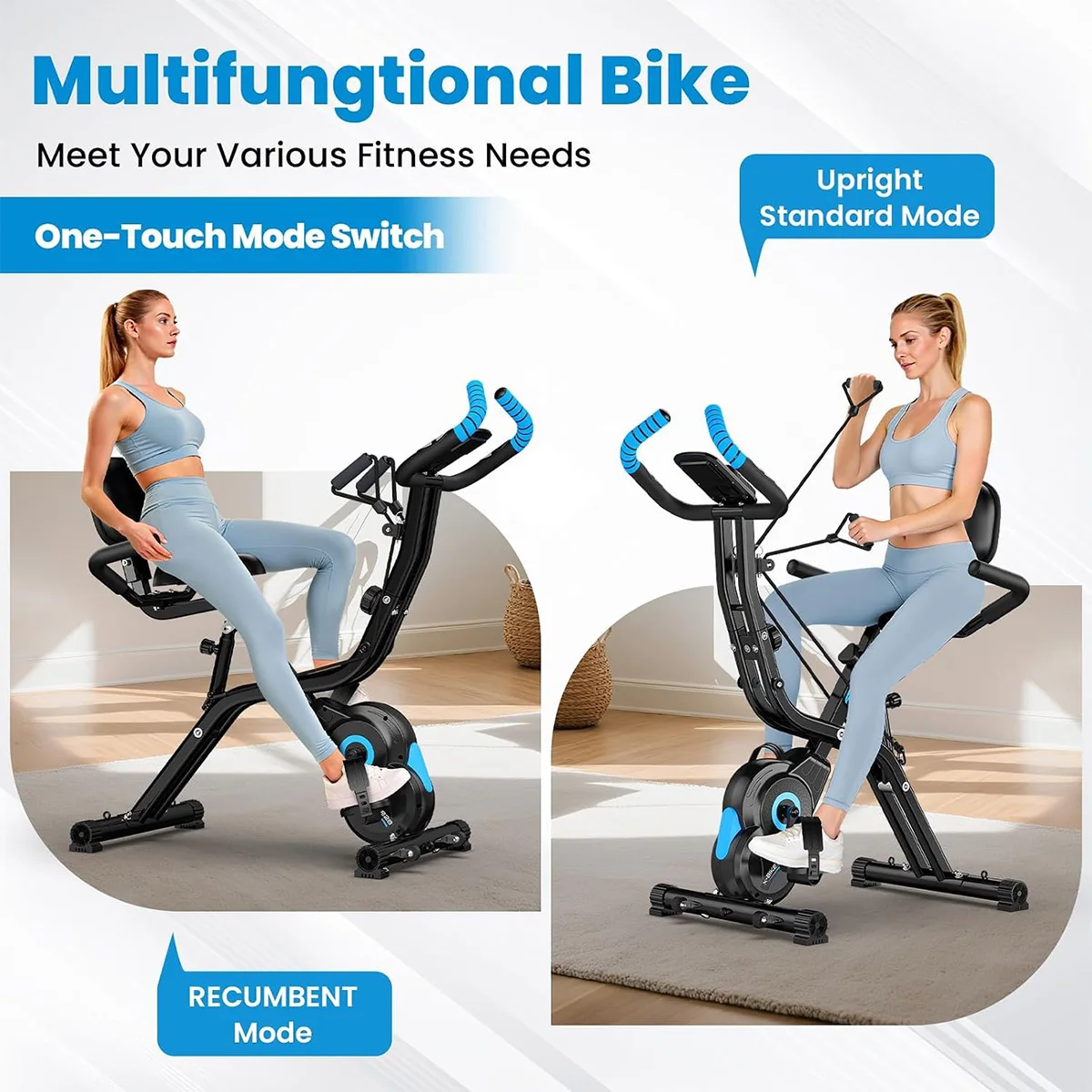 Foldable Exercise Bike, 8-Level Magnetic Stationary Bike for Home Gym Quiet Indoor Workout Bike with Arm Resistance Bands,300 lbs Capacity for Full-Body Cardio Training