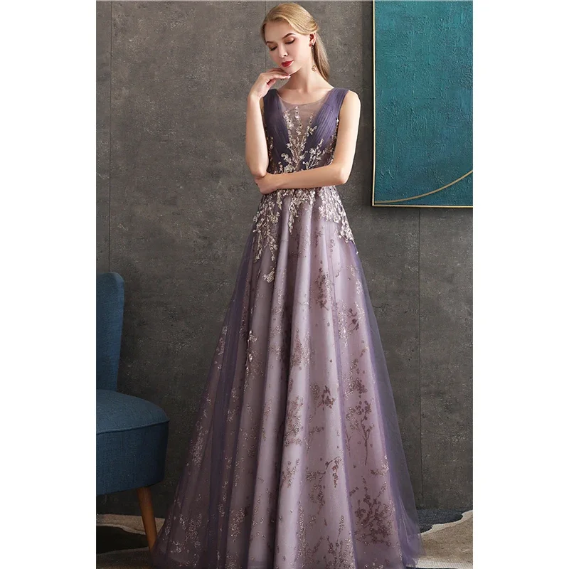 Evening Dress Purple Tulle Bling Appliques O-Neck Floor-Length Sleeveless A-Line Plus size Women Party Formal Gown Customization