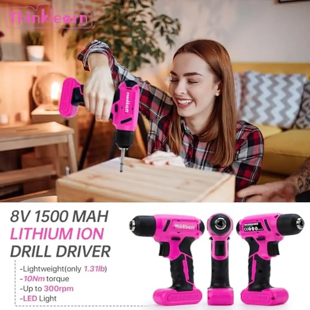 64 Piece Pink Tool Set with Cordless Drill 8V Power Kit Women 3/8