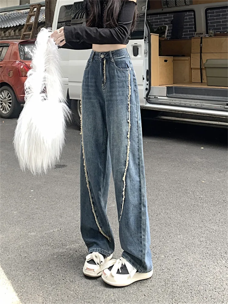 High Waist Blue Jeans Women's Autumn And Winter Denim Trousers Straight Leg Mop High Waist Pants Loose Wide Leg Pants