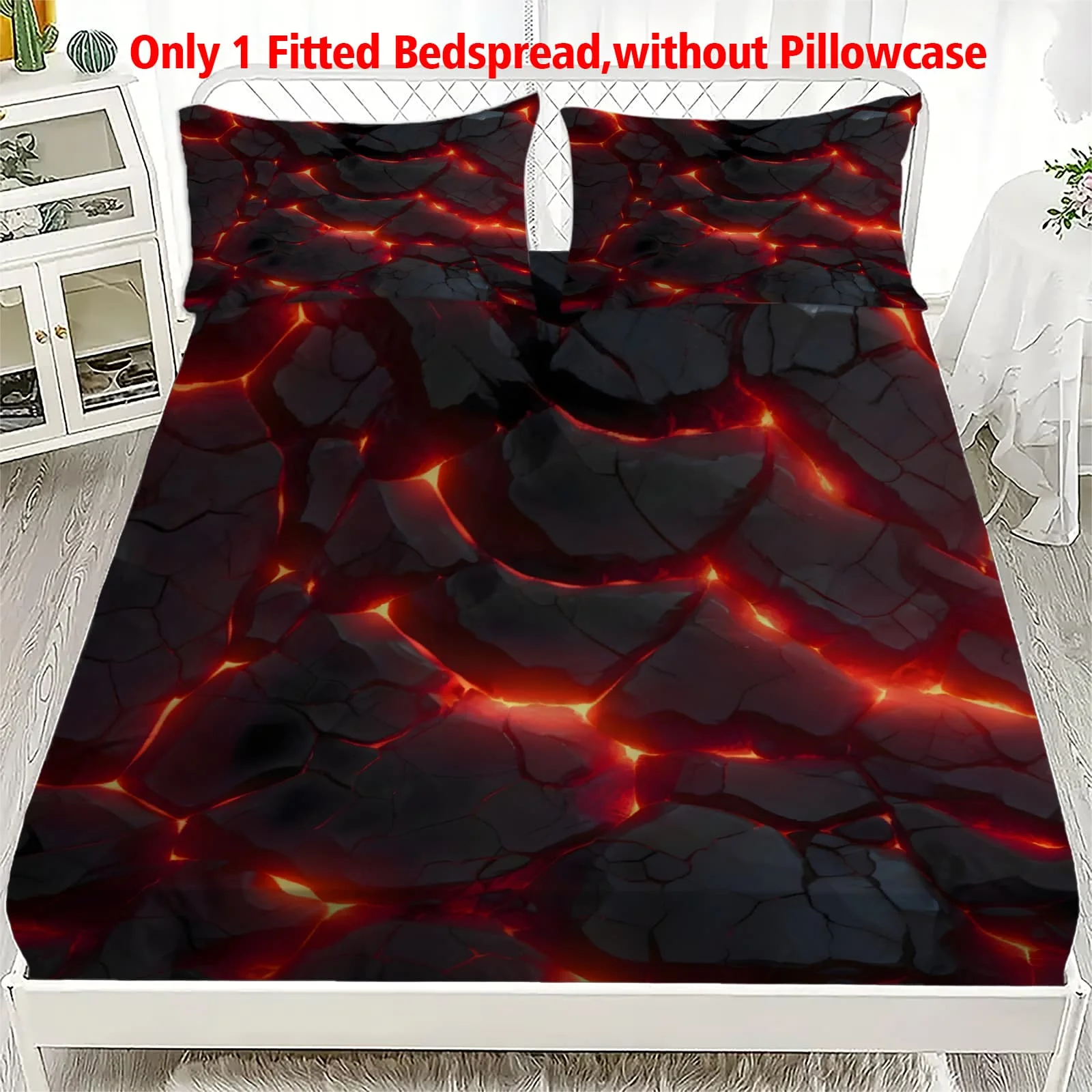 1-Pc Lava Crack Volcano Design Bed Sheet -100% Polyester, Digital Print, Breathable All-Season Fitted Sheet and Pillowcase Set