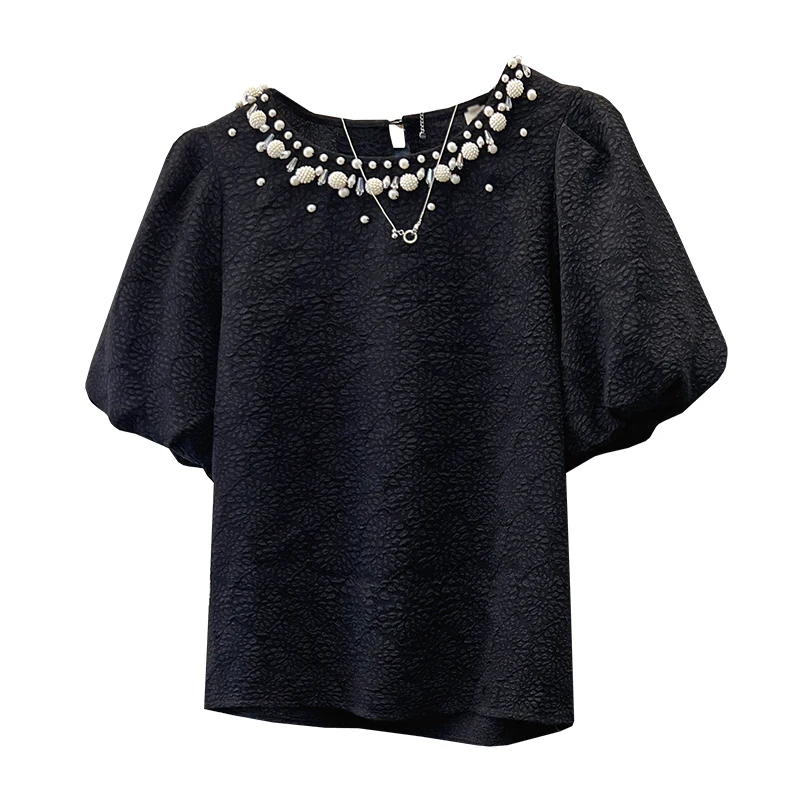 2024 New Summer Short Sleeve Peals Beading Shirt Women Korean Style O-Neck Casual Loose Blouse Tops Black White Blusas De Mujer