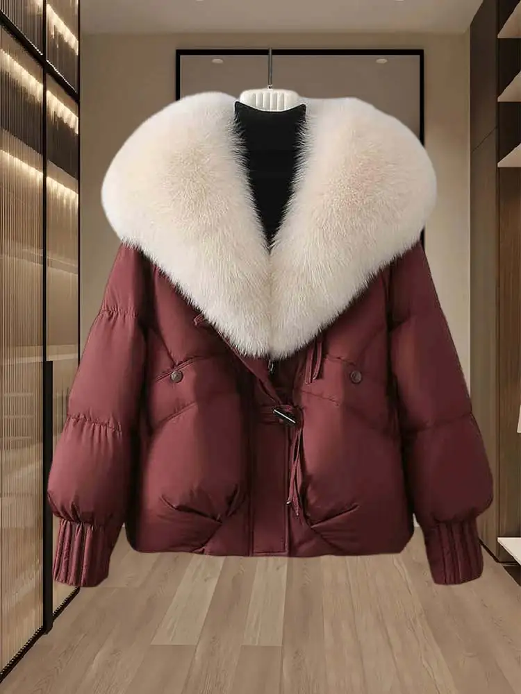 Elegant Loose Casual Cotton Jacket Women's Winter New Fashion Warm Large Fur Collar Design Sense Outerwear Korean Style