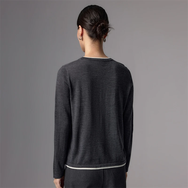 Women's Autumn Winter Color Block round Neck Knit Sweater 100% Merino Wool Pullover Comfortable Soft Fabric Fashionable Style