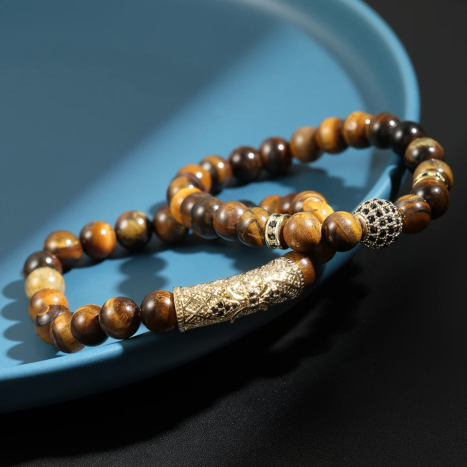 TrendMen Classic Vintage Elephants Beaded Bracelets For Men Bro Natural Tiger Eye Stone Strand Wristlet Jewelry Gifts Bangles