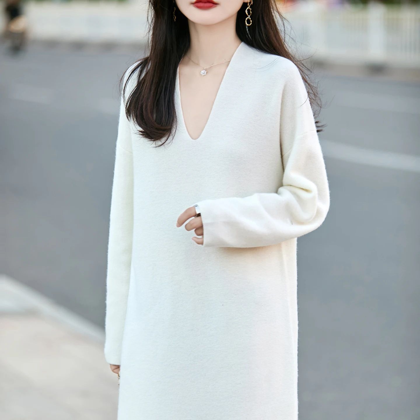 100% pure wool knit dress female V-neck long-sleeved pullover long Joker one-step skirt