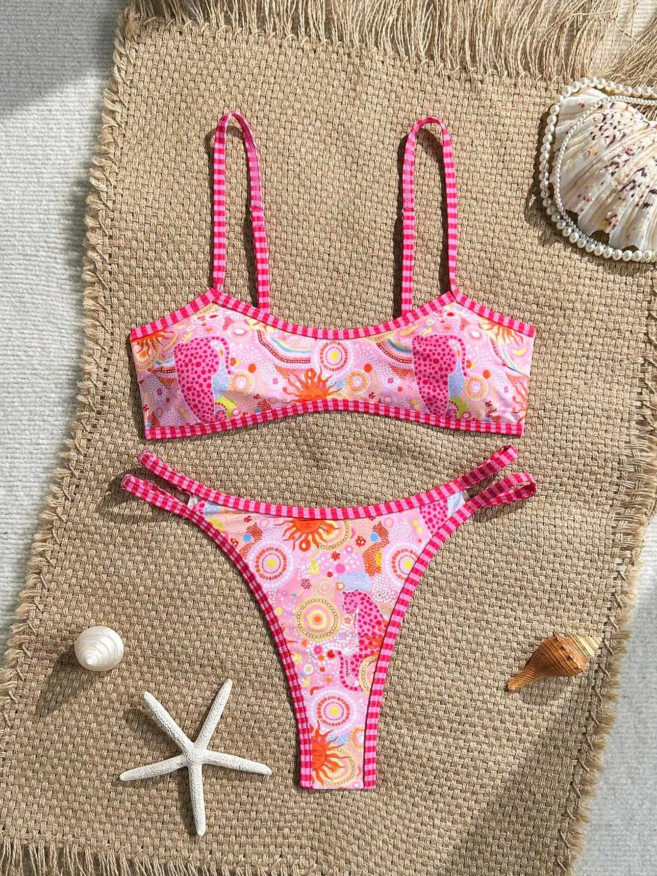 sexy pink print micro striped bikinis sets two pieces thong swimsuits bathing suit swimwear biquini tankini trikini