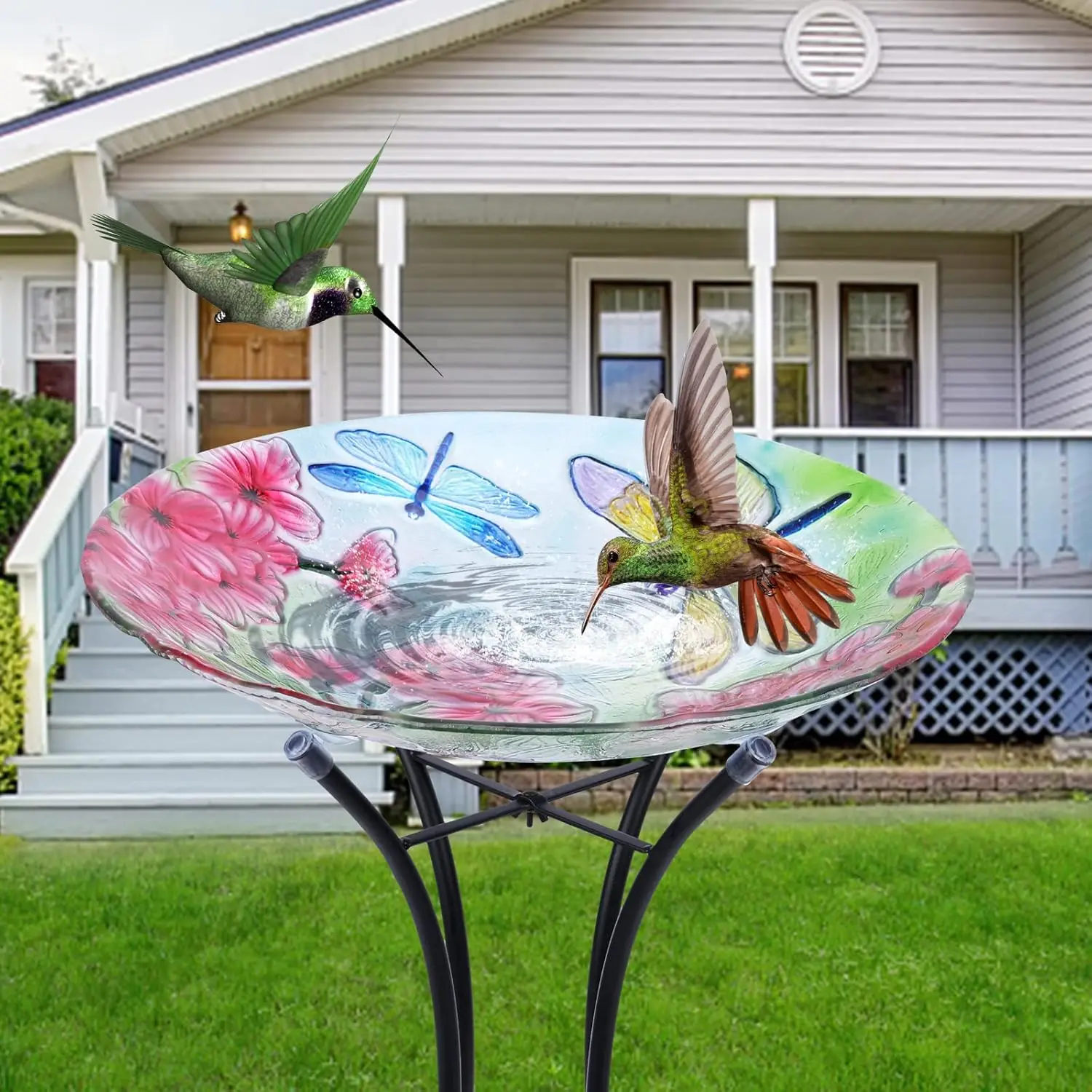 وعاء حمام كبير على شكل طائر اليعسوب مع حامل معدني، حمام طيور زجاجي خارجي لديكور ساحة الحديقة