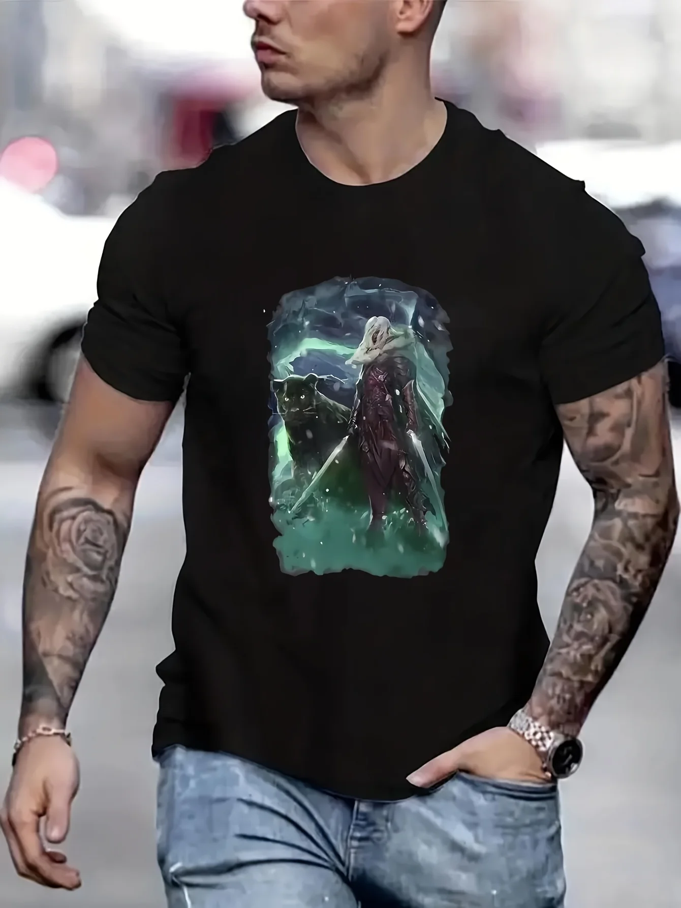 Drizzt And Guenhwyvar تفعل urden Drow Fighter مضحك رجل تي شيرت الرجال تي شيرت أبي الهدايا بلايز الرجال الصالة الرياضية ملابس الرجال B5024304