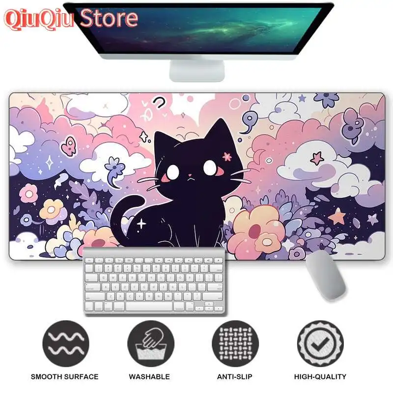 حصيرة مكتب لطيفة على شكل قطة سوداء، لوحة ماوس مضادة للانزلاق على شكل قطة كرتونية، لوحة ماوس ممتدة، لوحة ماوس كبيرة للألعاب بحافة مخيطة، وسادة مكتب #1