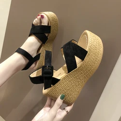 Fashion Womens Shoes 2023 Black Platform Sandals  With Heel Suit Female Beige Buckle Strap Muffins shoe Luxury Espadrilles