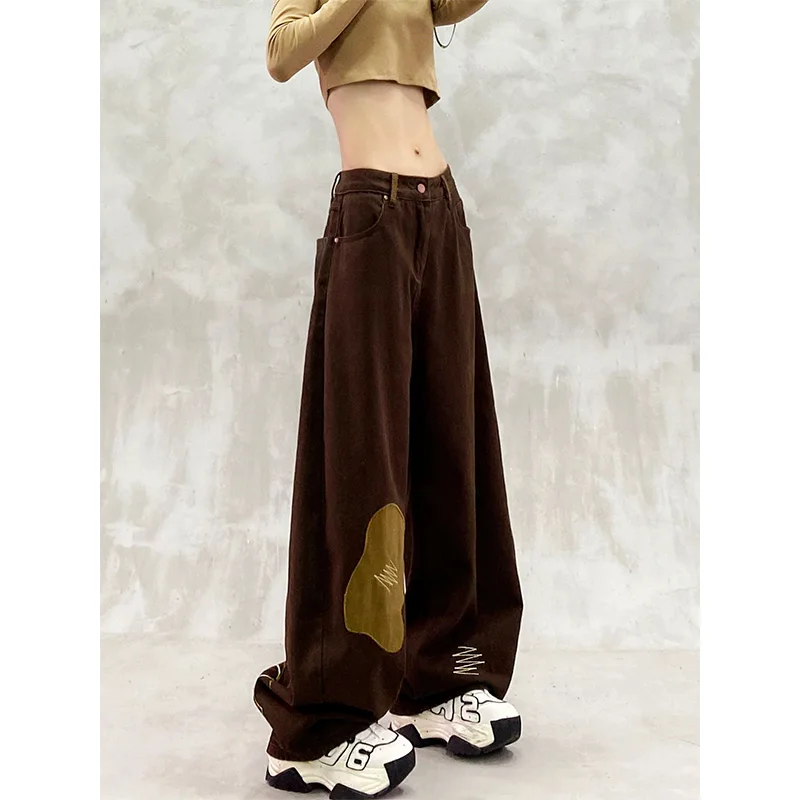 Y2K جينز منحني للنساء بجيب عالي الخصر وفضفاض مستقيم ومتعدد الاستخدامات للشتاء