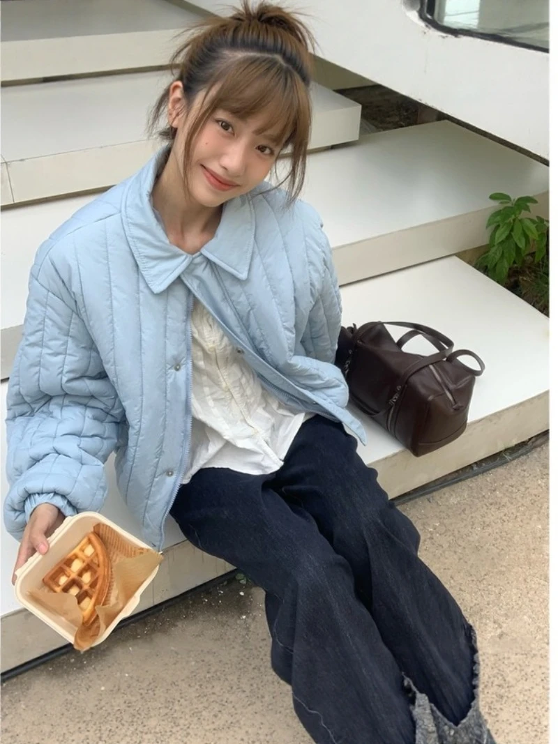 

Korean Sle Women's Cotton Jaet Loose Fit Lightweight Warm Vertical Texture Collar Coat Autumn Winter New Arrival