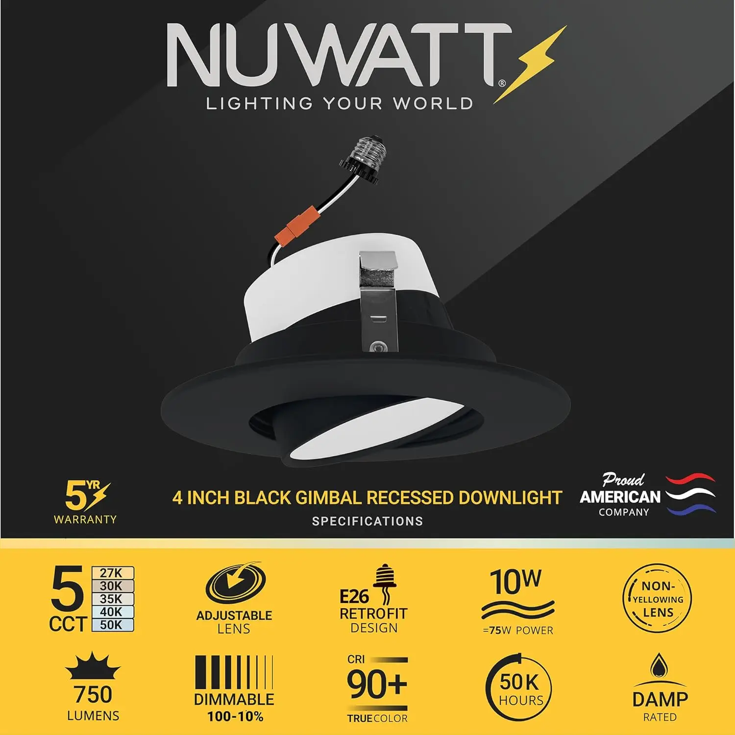 Nuwatt 24 Pack Black 4 Inch Gimbal Retrofit Led Recessed Lighting, 5Cct 2700K/3000K/3500K/4000K/5000K, 750 Lm 10W, Dimmable