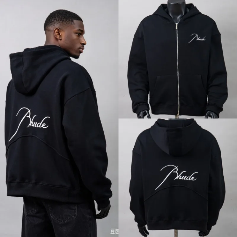 New Arrival RHUDE Men's Zip Hooded Sweatshirt Chest White Script Embroidery Logo Streetwear