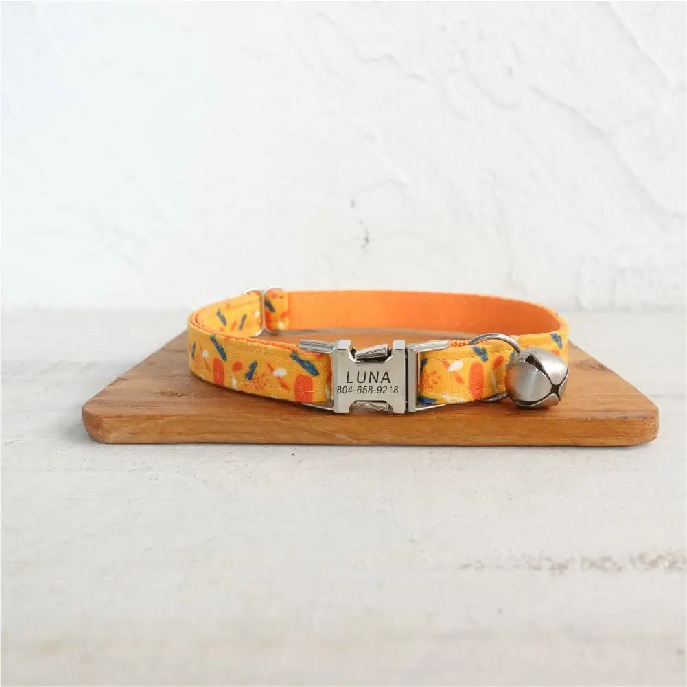 Personalized Cat Collar with Bell, Customized Nameplate, ID Buckle, Adjustable Orange Cartoon Biscuit Cat Collars with Bell