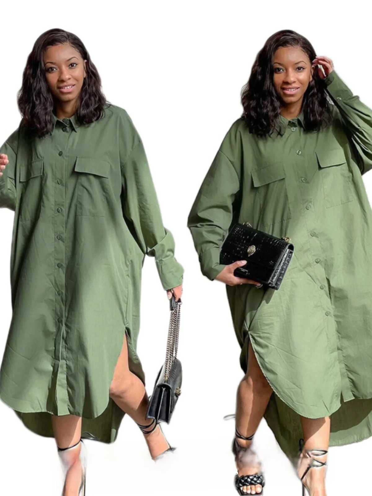 

plus Size Women's Casual Faion Long irt Dr with kets Loose Fit Polyester Fiber Pure Color Medium Length