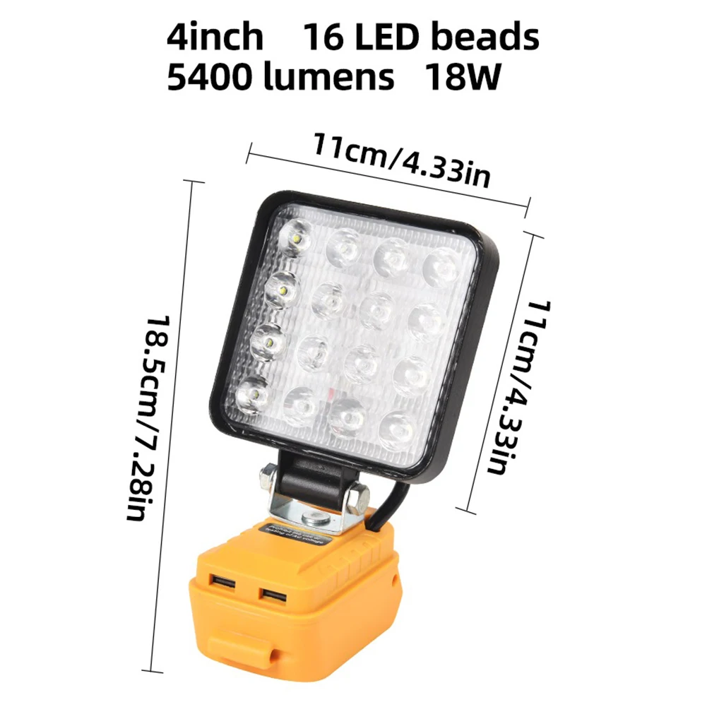 Innovative Portable LED Worklight Suitable for Multiple Applications Using a Compatible For 20V Battery Pack and Two USB Outputs