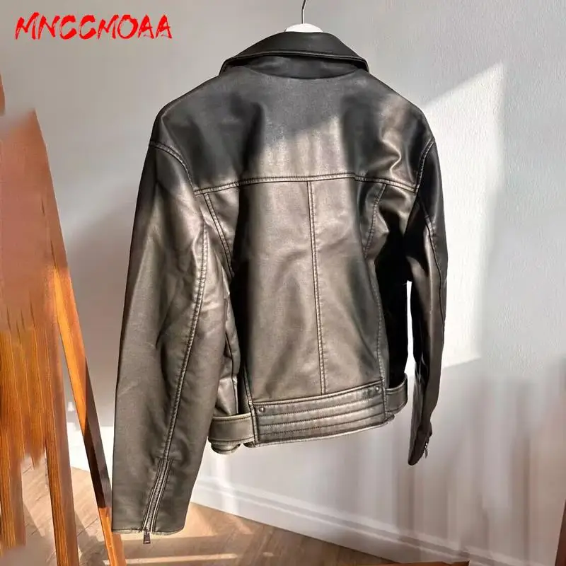 MNCCMOAA 2023 Alta Qualidade Mulher Moda Vintage Solto Falso Couro Jaqueta Casacos Feminino Casual Zipper Biker Outerwear Tops