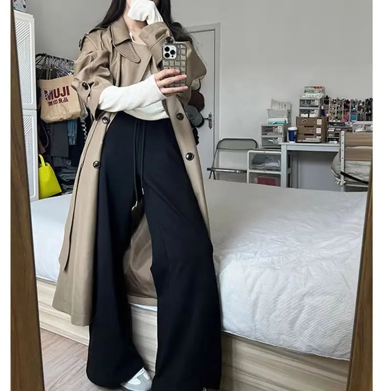 

Women's Khaki Trench Coat Style Casual Mid Length Double Breasted Belted Classic Versatile Jacket