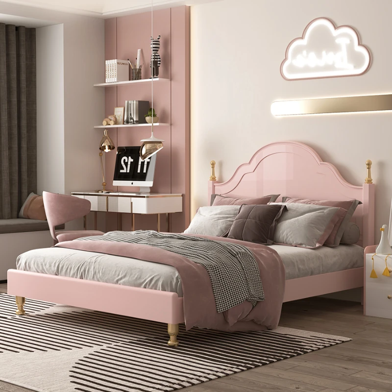 

Pink princess bed solid wood girl single bed Nordic modern light luxury children's room furniture simple bedroom children's bed