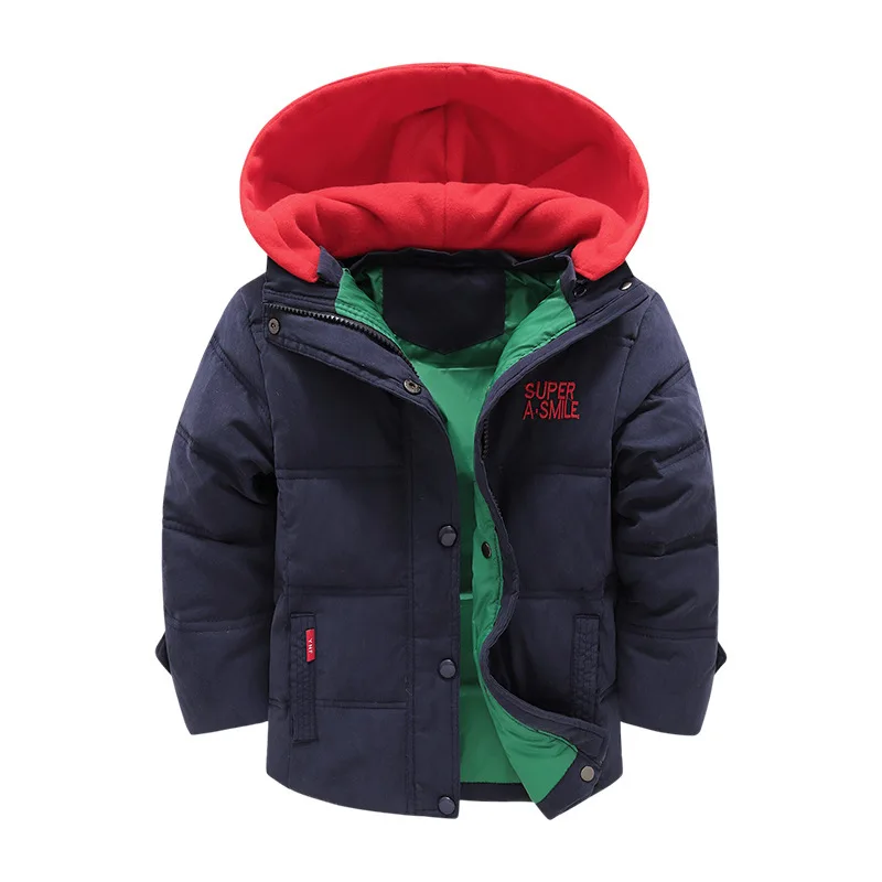 2024 Winter New Boys Jacket Splicing Thicken Keep Warm Hooded Cold Protection Windbreake For 3-10 Years Old Kids Coat